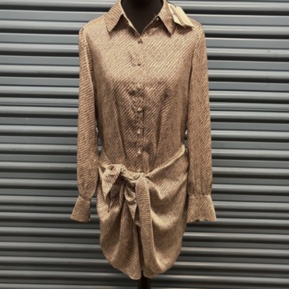 cinq a sept Tan Textured Shirt Dress with Self Tie